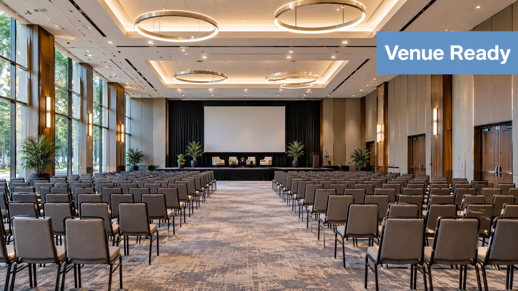 A professional conference room set up for a presentation with rows of chairs facing a large screen.
