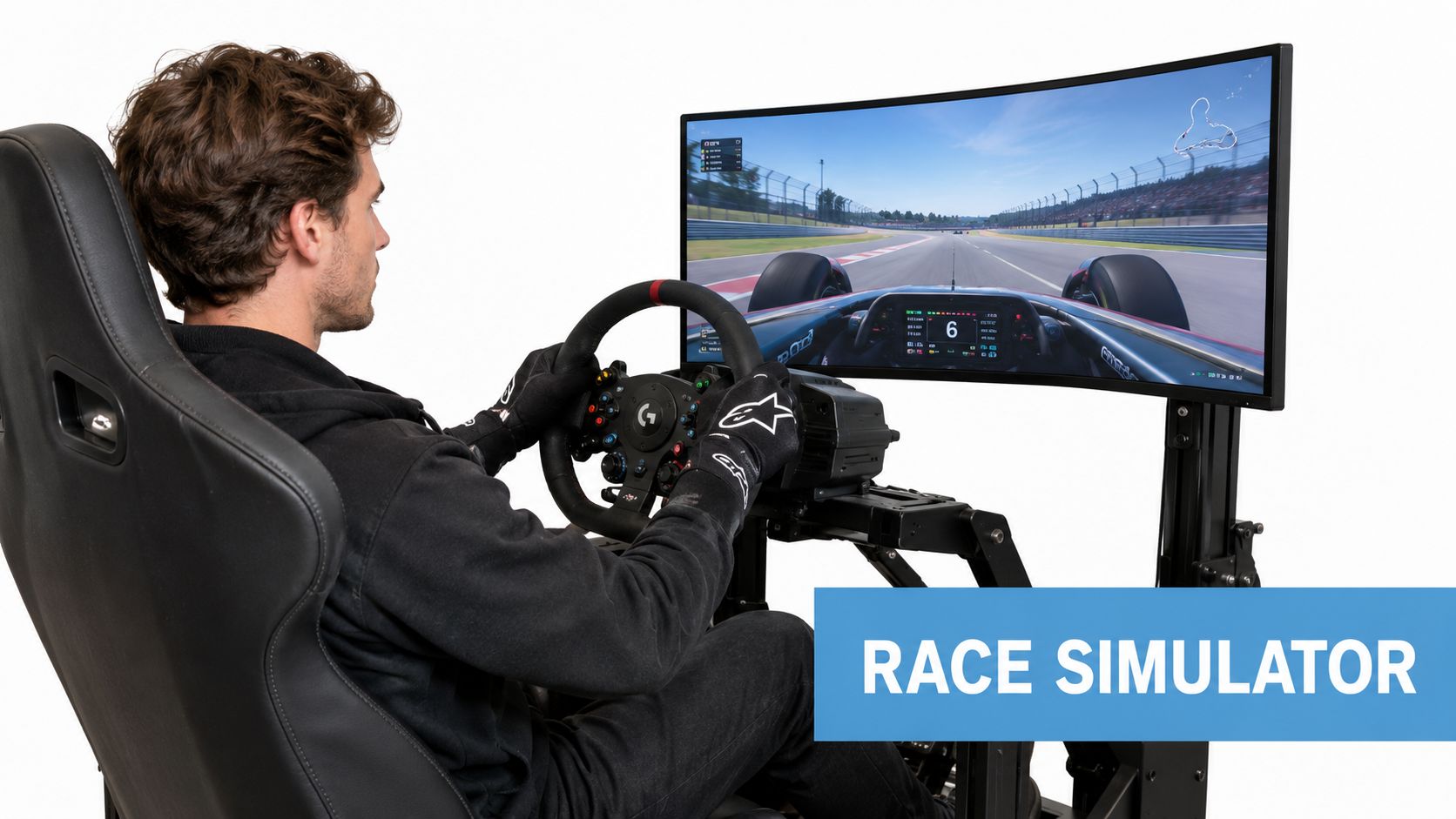 A person sitting in a professional race simulator rig playing a high-end virtual racing video game.