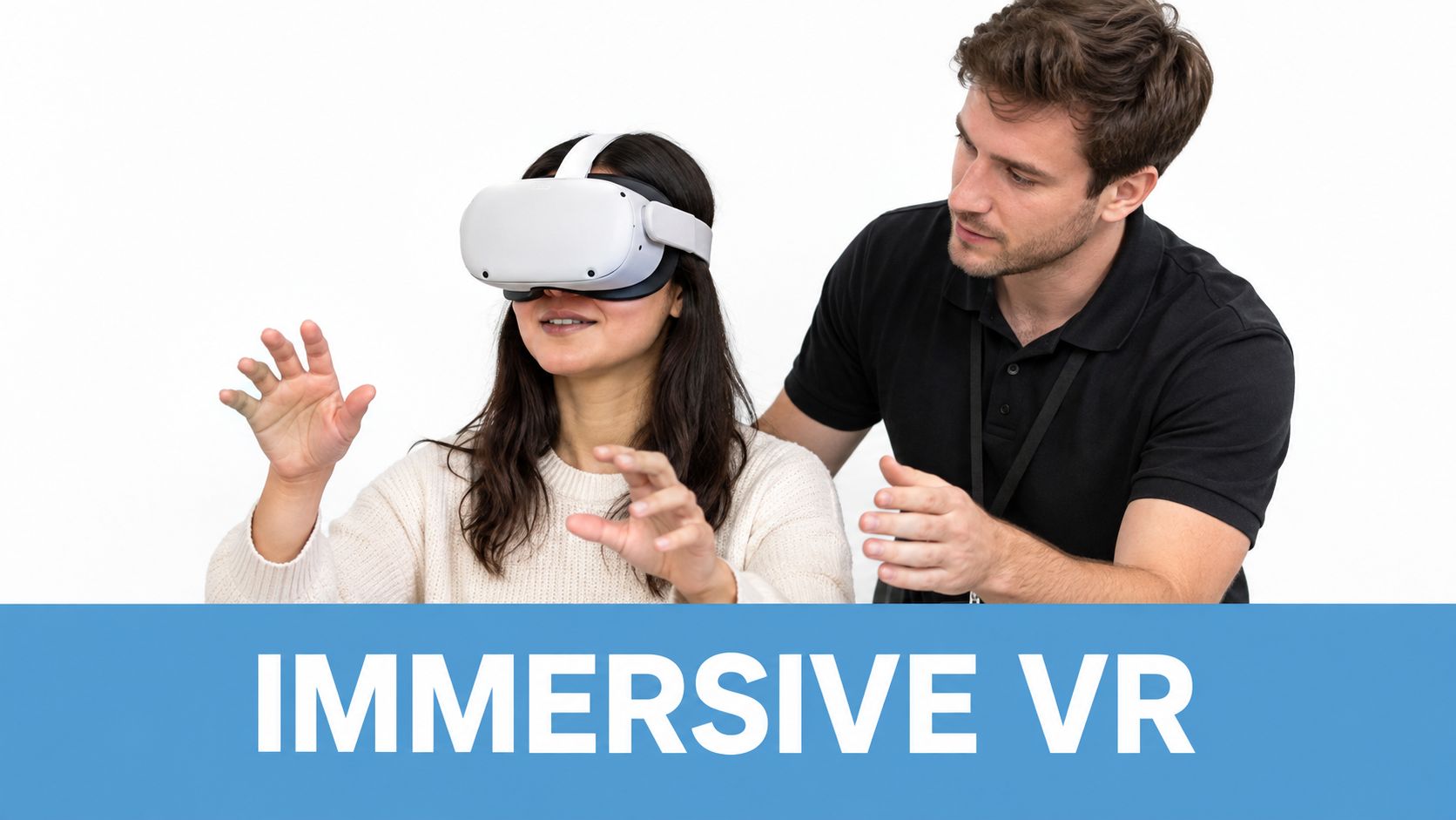 A woman wearing a VR headset interacting with a virtual environment while a man provides guidance.