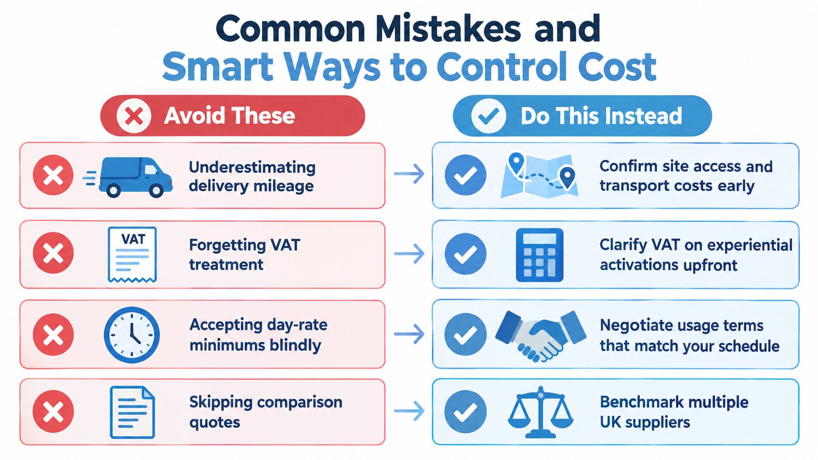 An infographic showing common cost control mistakes and smart alternative strategies for business planning and project management.
