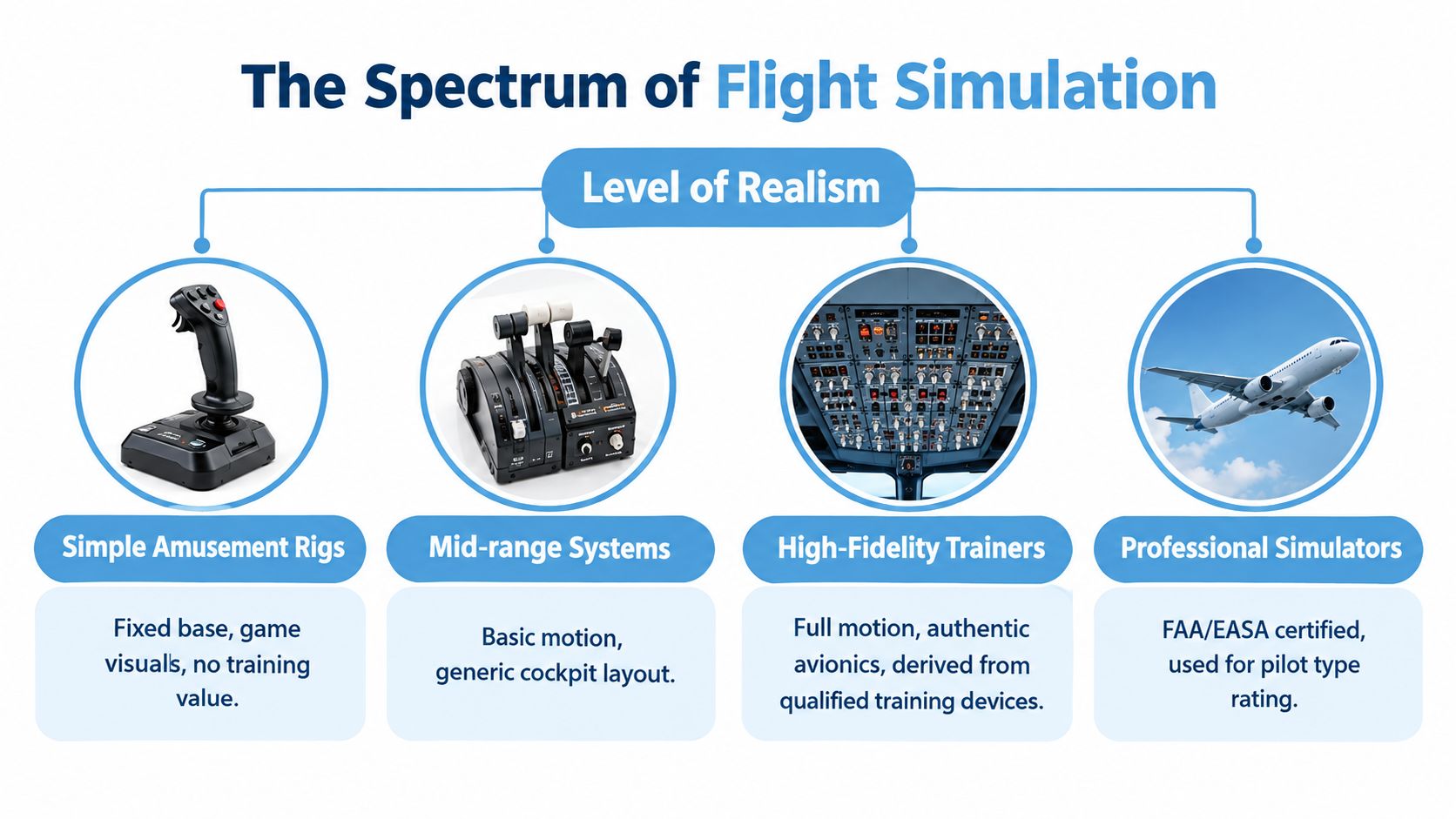 A diagram illustrating the spectrum of flight simulation, ranging from simple amusement rigs to professional flight simulators.