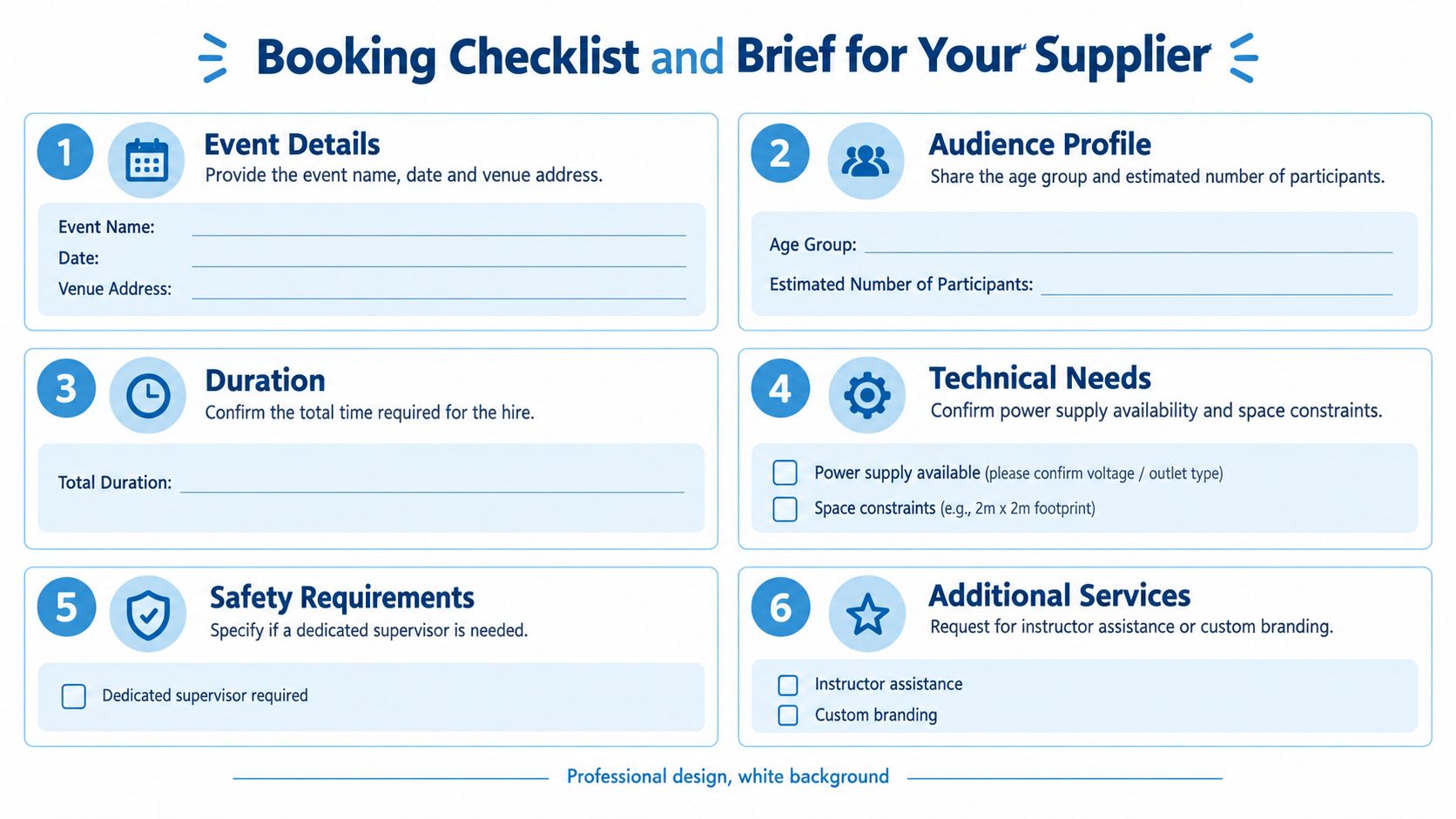 A professional booking checklist and supplier brief template with six numbered sections for event planning and logistics.