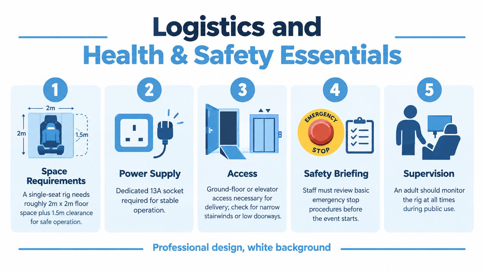An infographic detailing five key logistics, space, and safety requirements for operating a simulator rig.