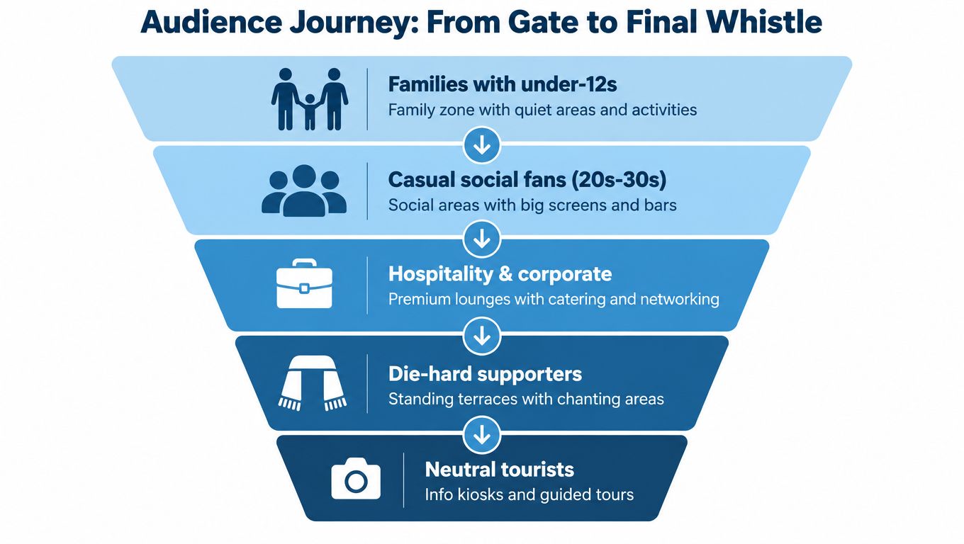 A funnel diagram illustrating diverse football audience segments, from families to tourists, and their specific venue needs.