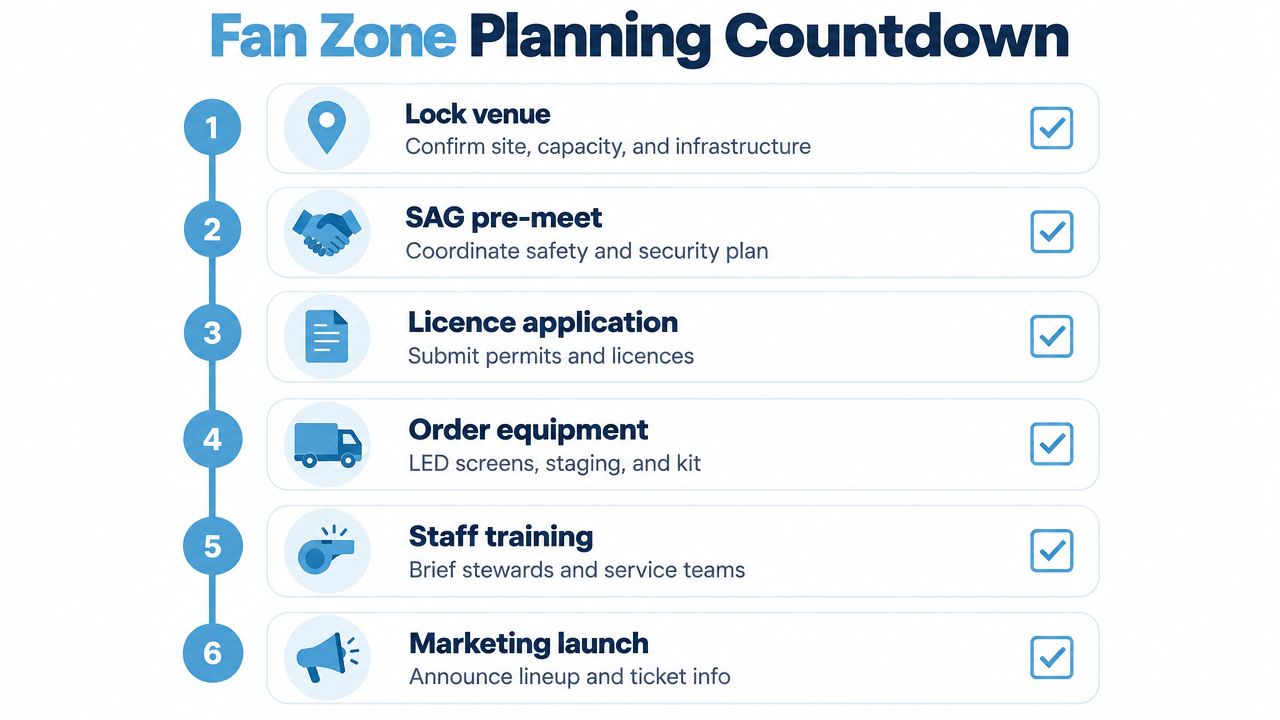 A six-step checklist infographic titled Fan Zone Planning Countdown outlining the essential tasks for event preparation.