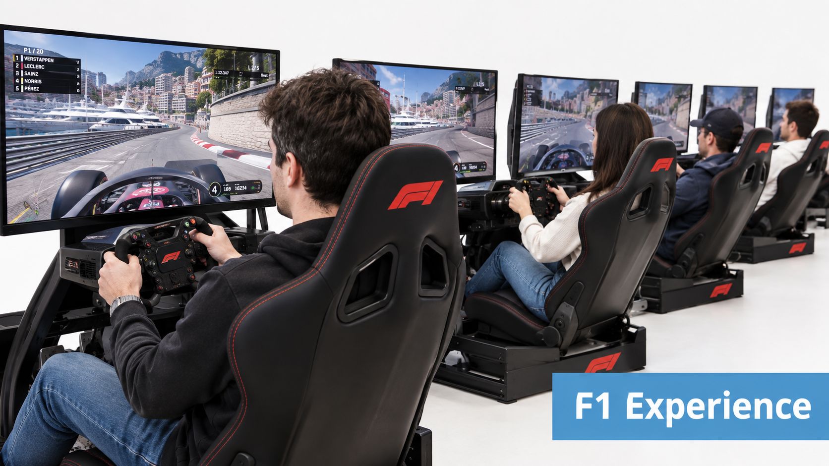 A group of people sitting in F1 racing simulation chairs playing a Formula 1 video game.