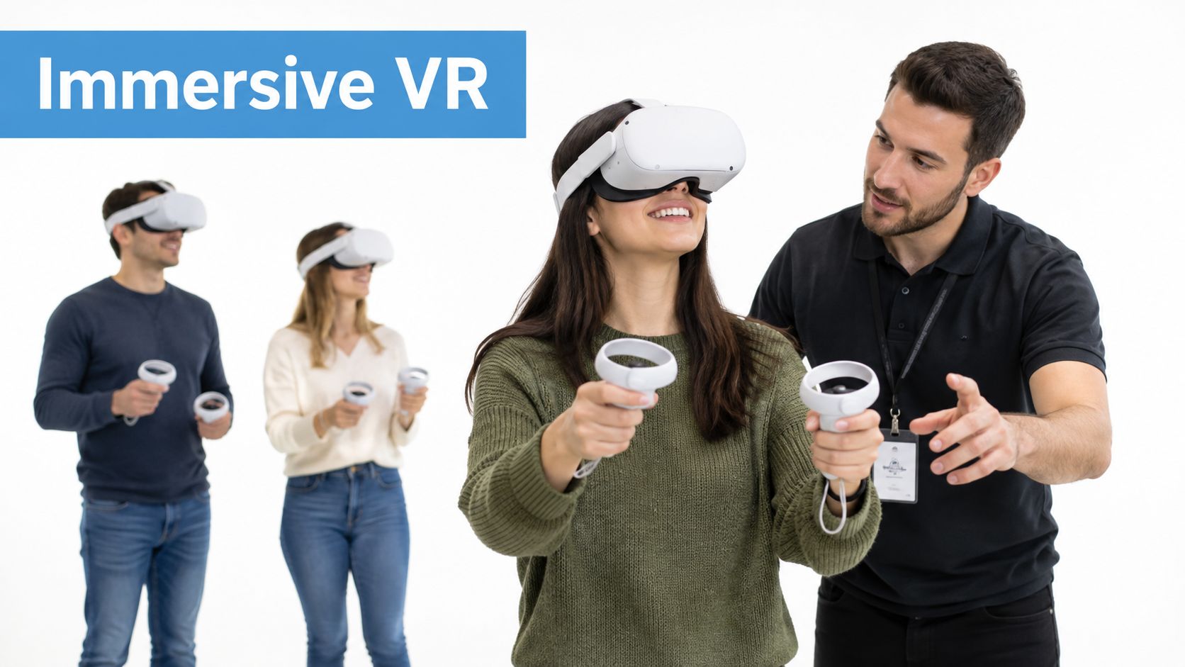 A group of people wearing virtual reality headsets and holding controllers while receiving guidance from an instructor.