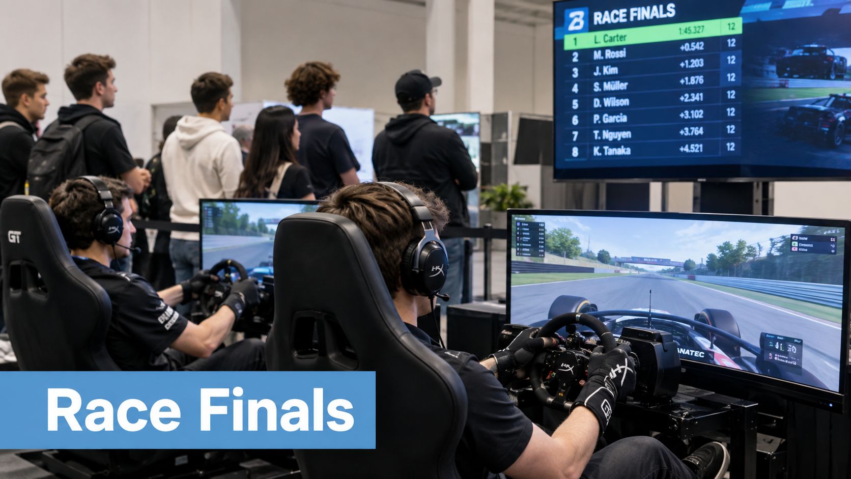A competitive esports racing event featuring gamers playing simulation games on professional simulator rigs in a hall.