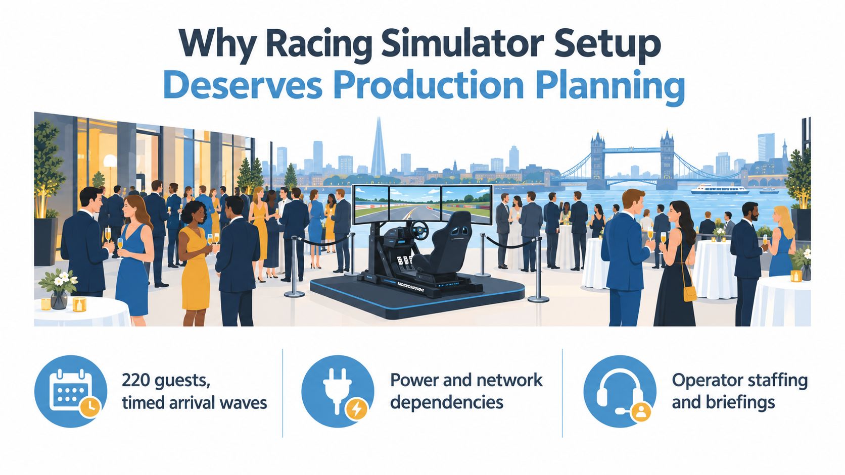 A racing simulator setup at a corporate outdoor event with guests networking in front of London skyline.