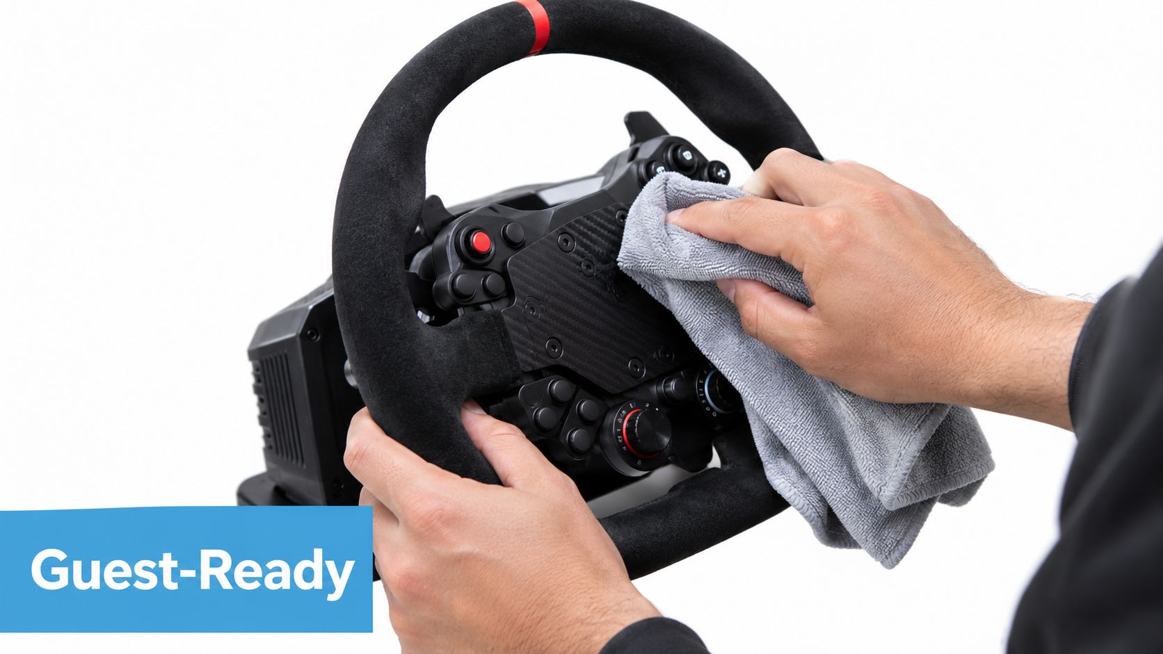 A pair of hands wiping down a racing simulator steering wheel with a gray microfiber cloth.