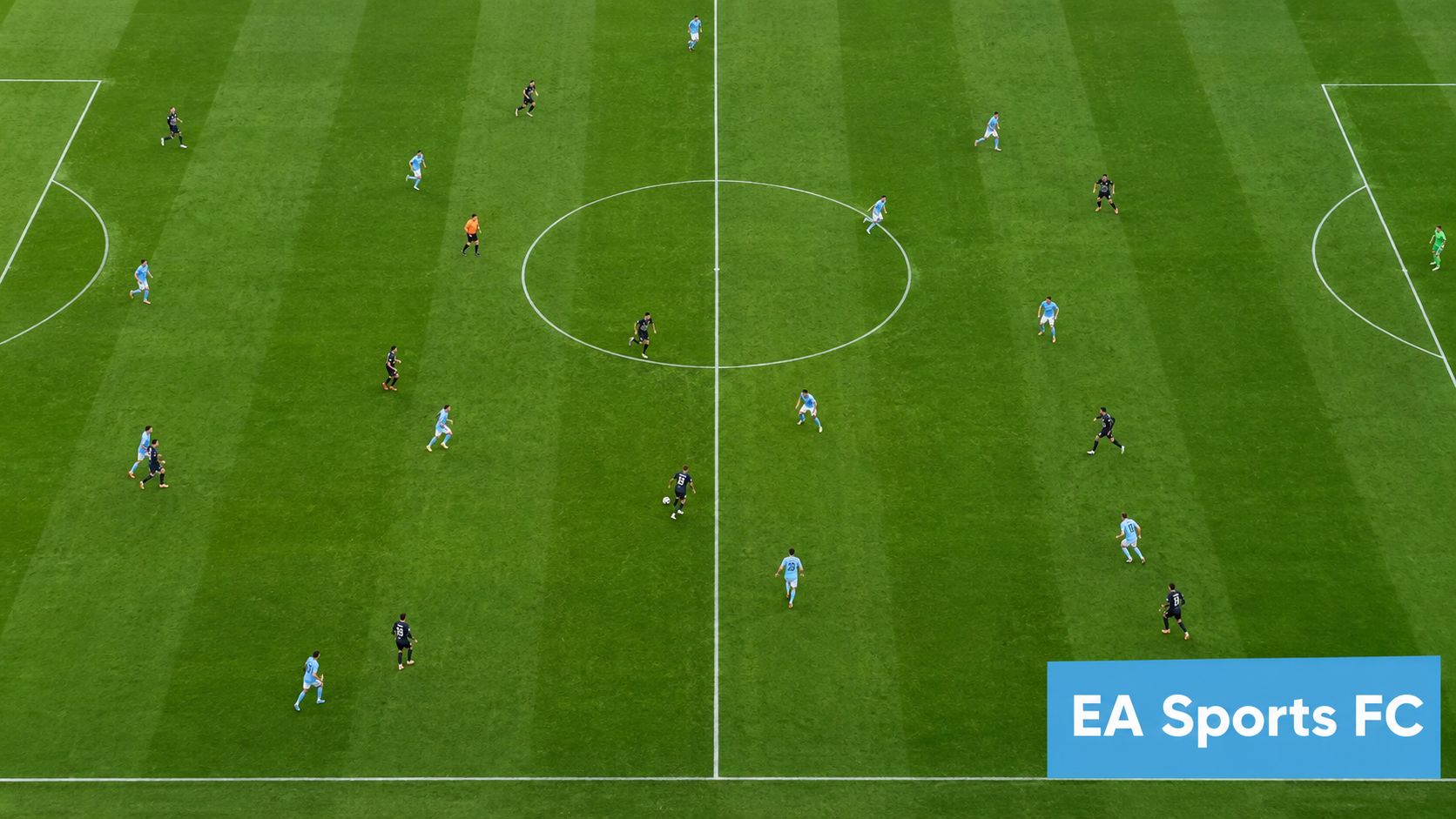 A top-down aerial view of a professional soccer match being played on a large green pitch.