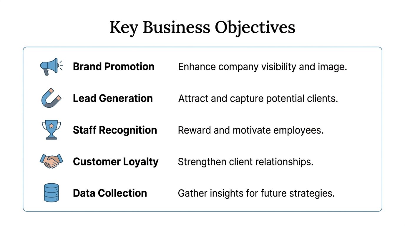A slide titled Key Business Objectives listing five essential goals including brand promotion and lead generation.