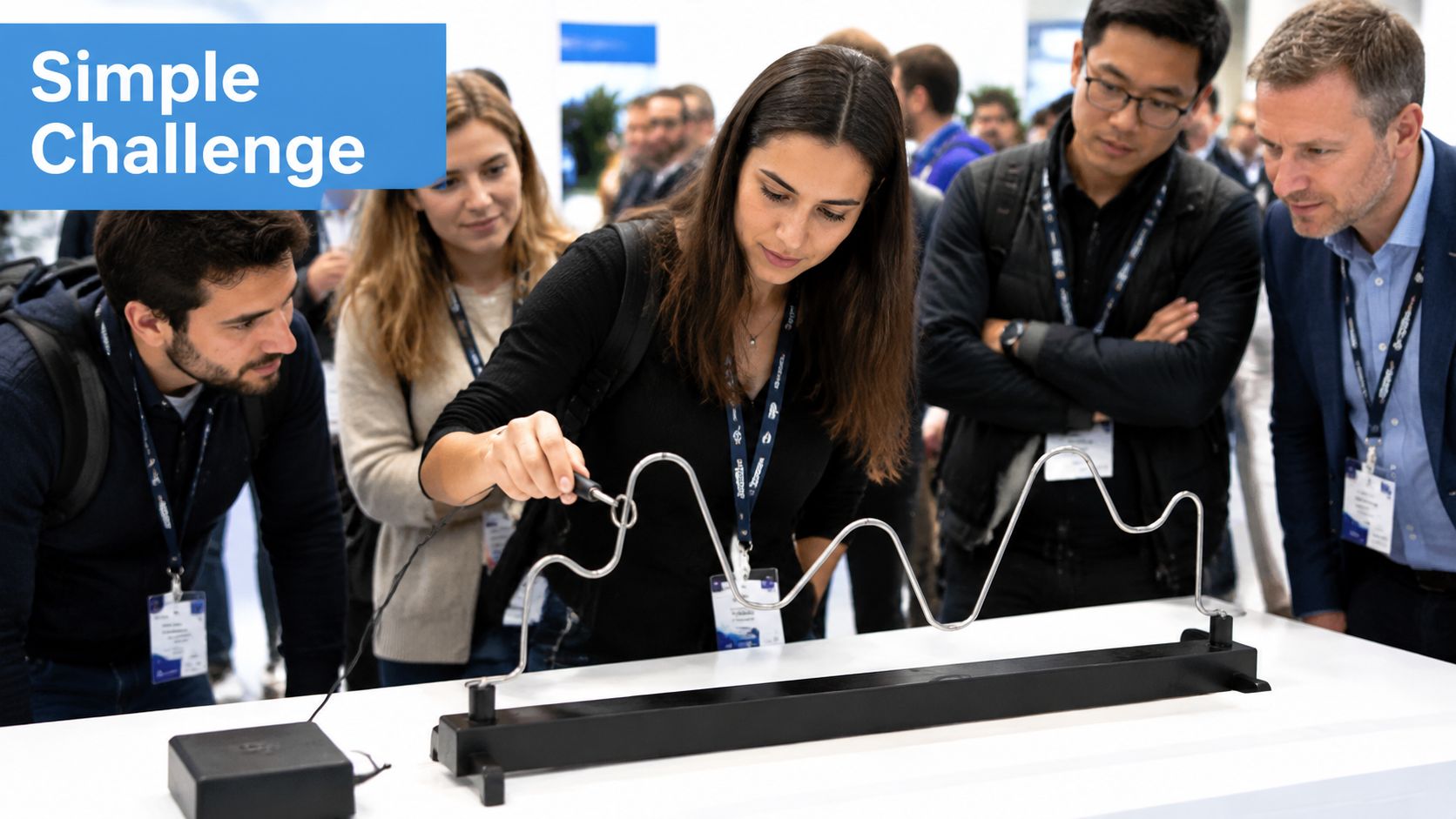 A woman playing a wire buzzer game at a trade show with colleagues watching closely.
