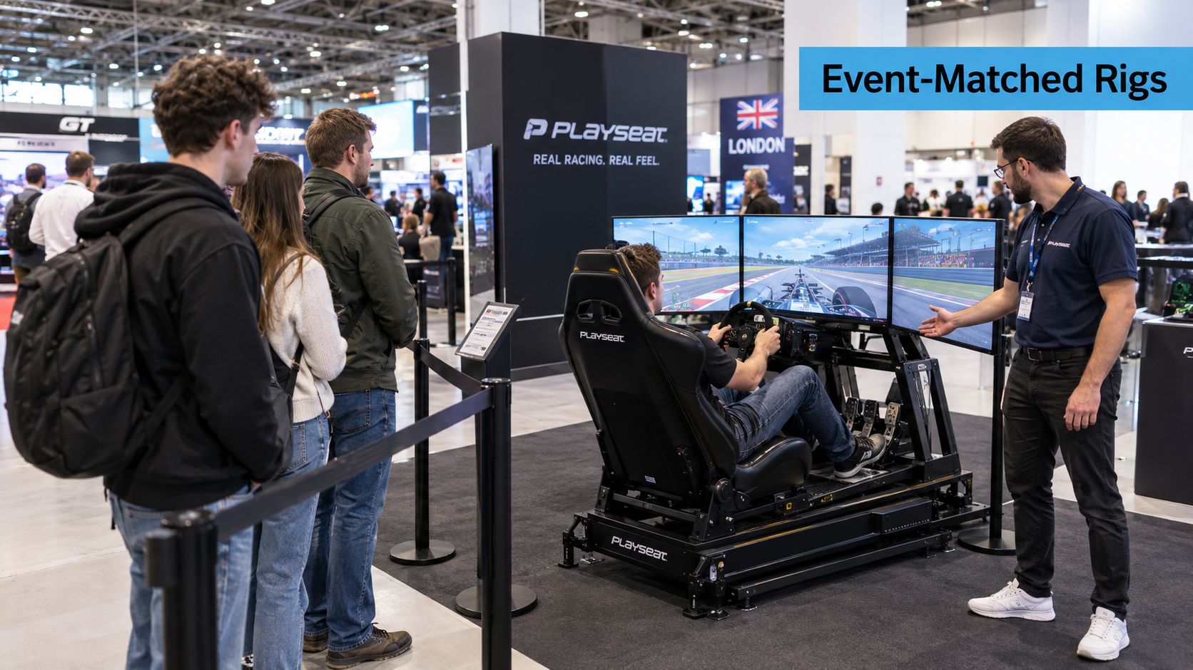 A professional racing simulator cockpit displayed at an exhibition booth with an instructor demonstrating for attendees.