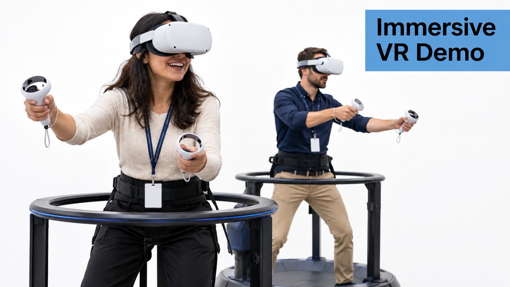 A woman and a man using VR headsets and treadmills during an immersive team building experience.