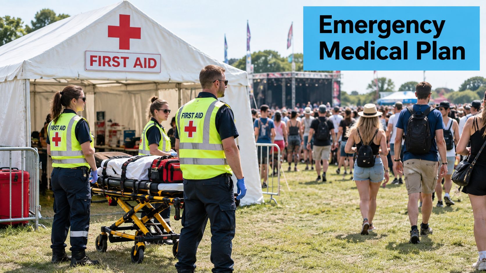 Emergency medical personnel standing outside a First Aid tent at a crowded outdoor music festival event.