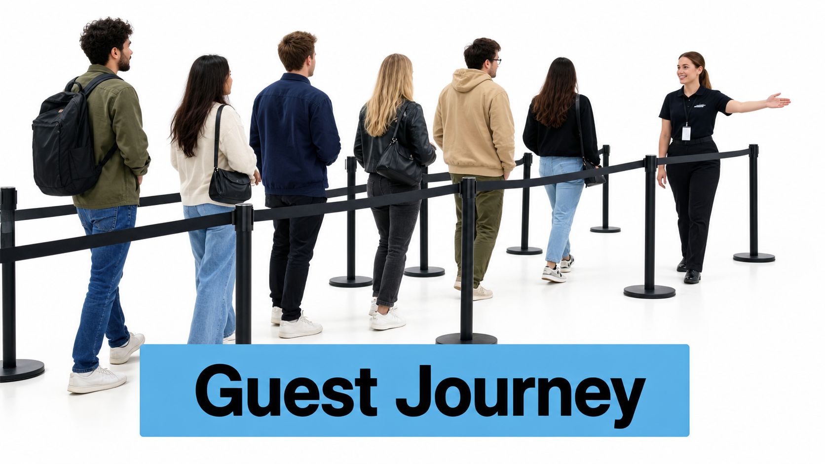 A queue of people waiting in line as a staff member directs them forward in an event.