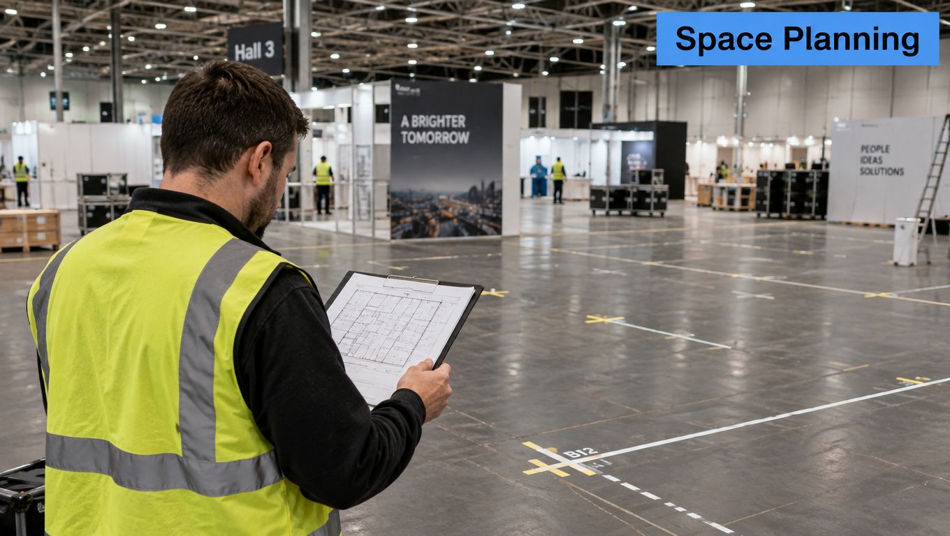 A professional planner in a high-visibility vest reviews a floor plan layout in a large exhibition hall.