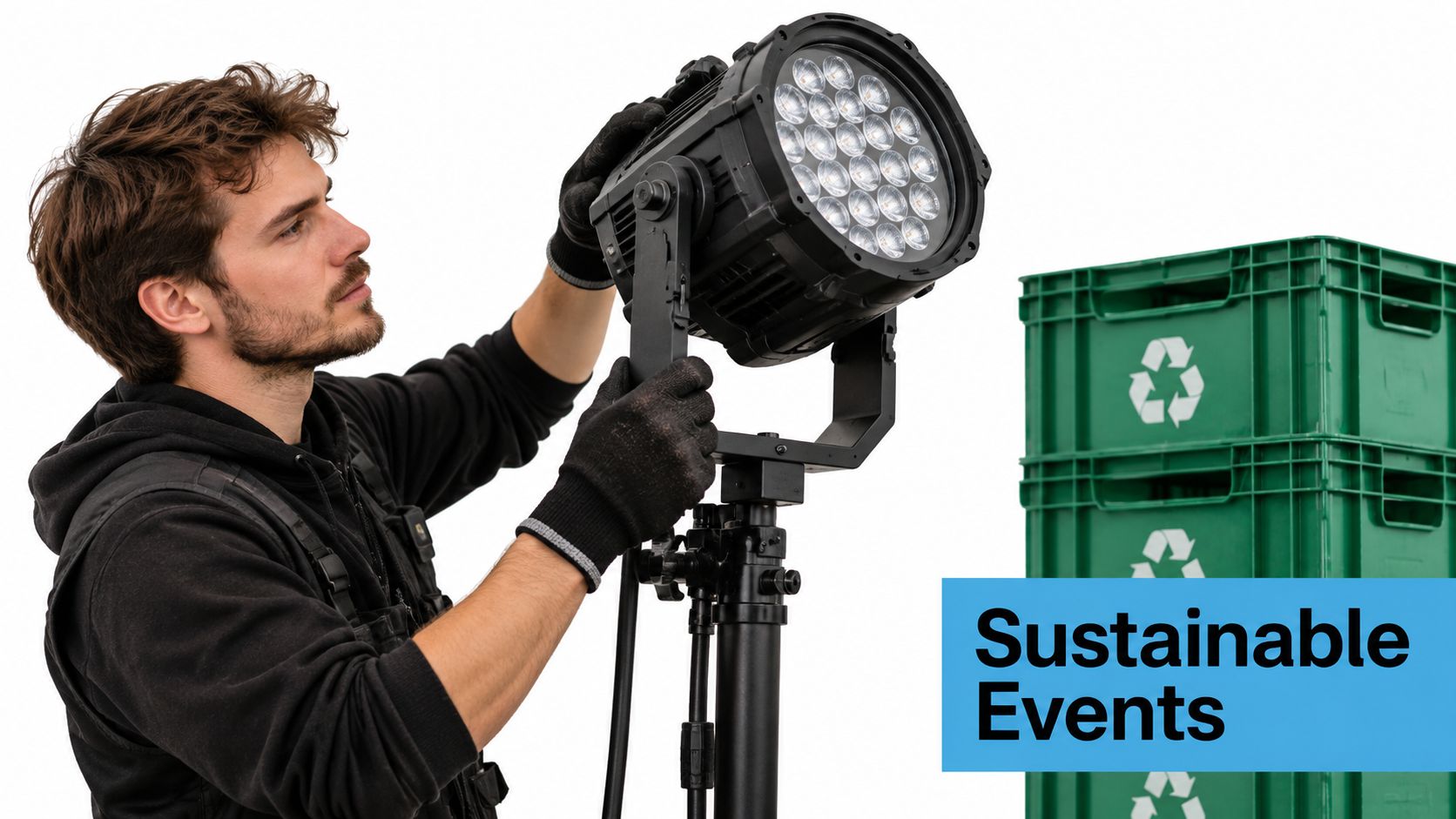 A lighting technician adjusting a professional stage light stand beside green recycling crates, representing sustainable events.