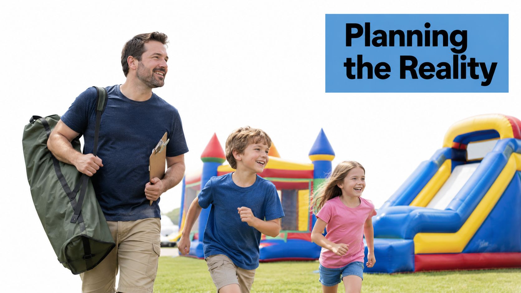 A happy father and his two children walking towards a colorful inflatable bouncy castle at a park.