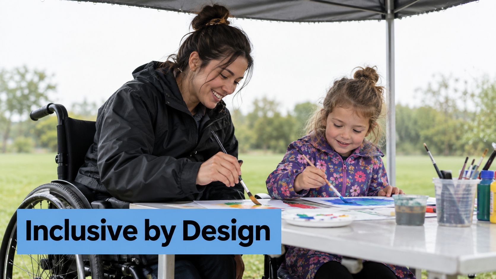 A woman in a wheelchair and a young child happily painting together at an outdoor table.