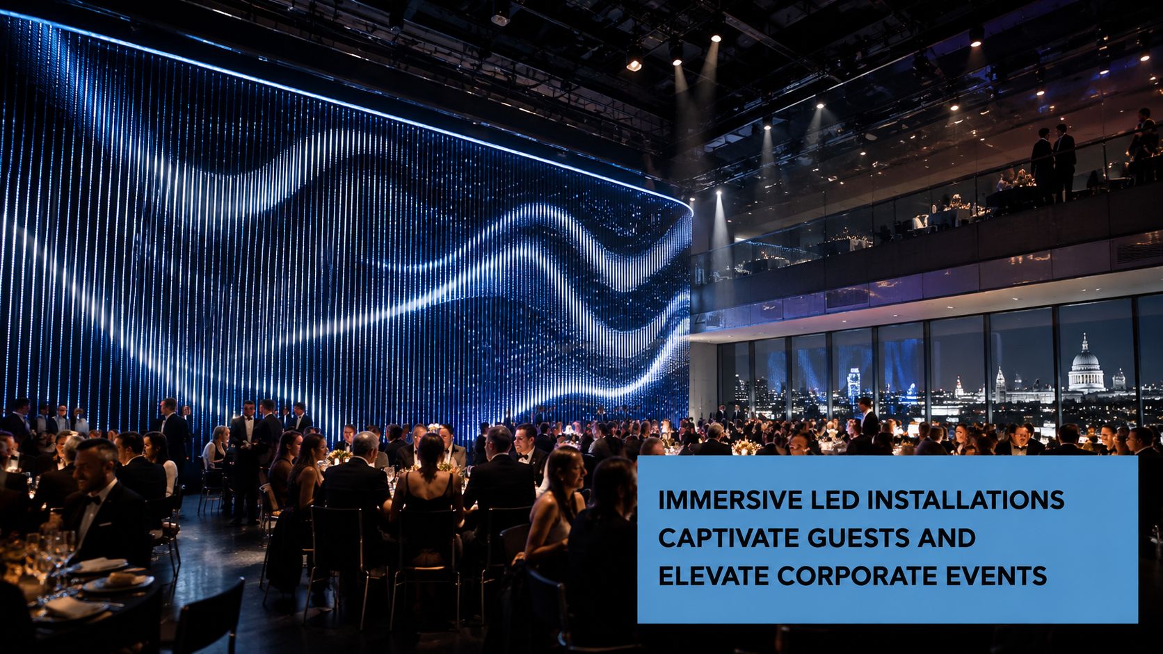 A luxurious corporate gala dinner featuring a massive, dynamic blue LED light installation behind the seated guests.