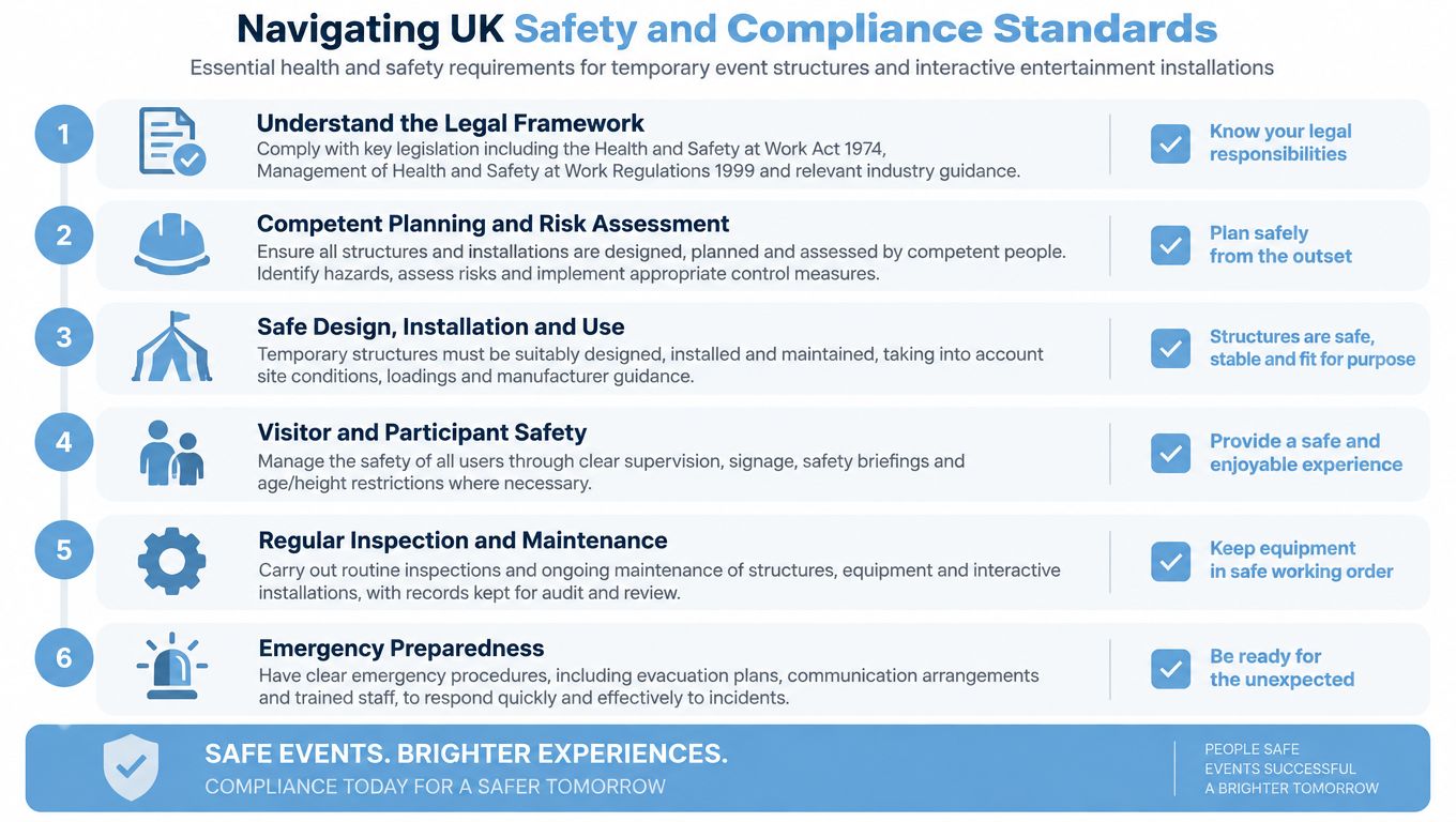 An infographic titled Navigating UK Safety and Compliance Standards for temporary event structures and interactive entertainment.