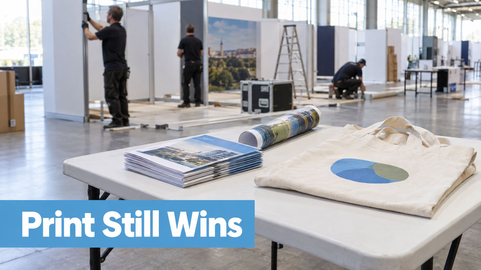 Employees set up an exhibition booth featuring promotional print materials on a table in a warehouse.