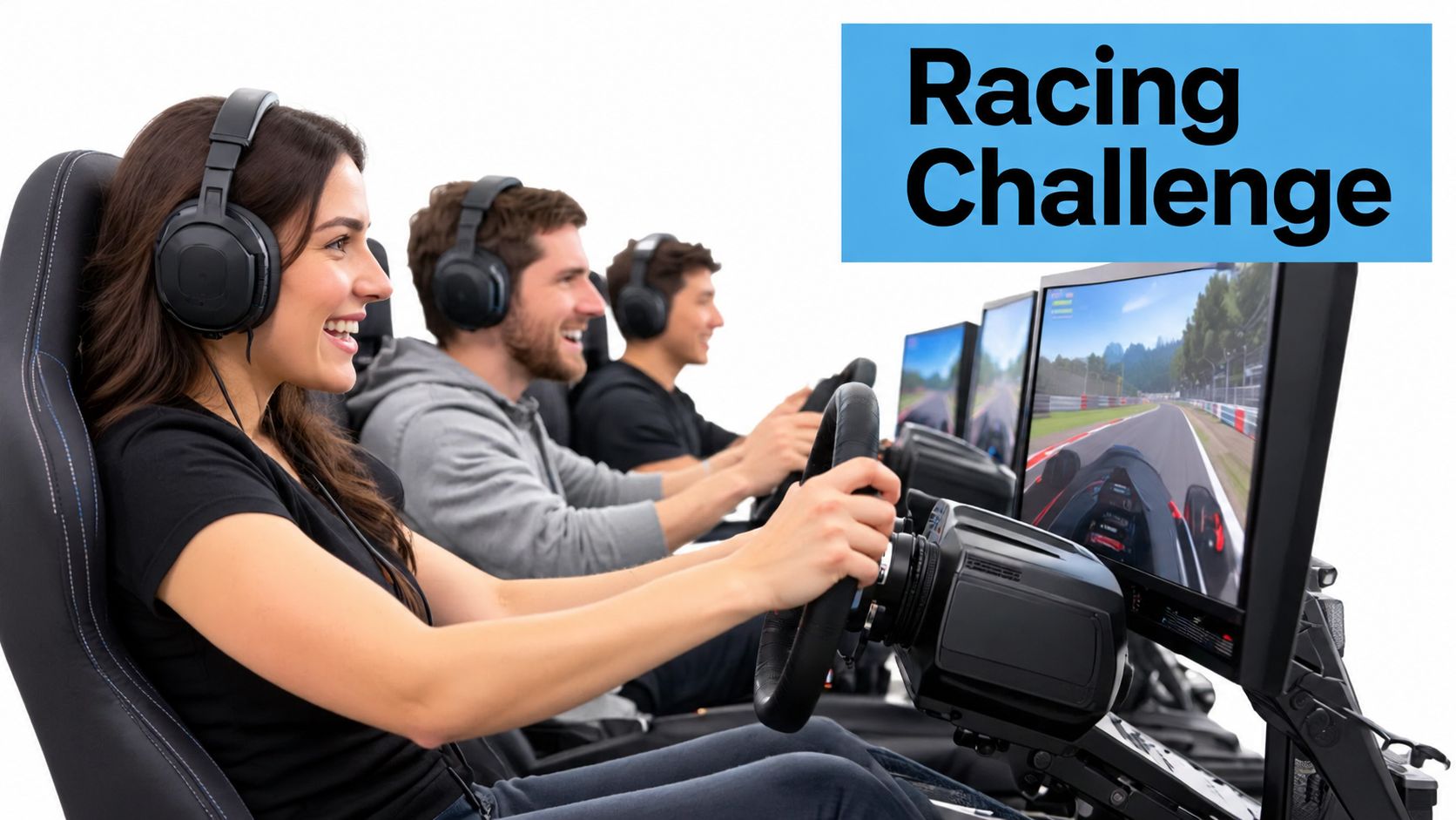 A diverse group of people sitting in gaming chairs playing a competitive racing video game together.