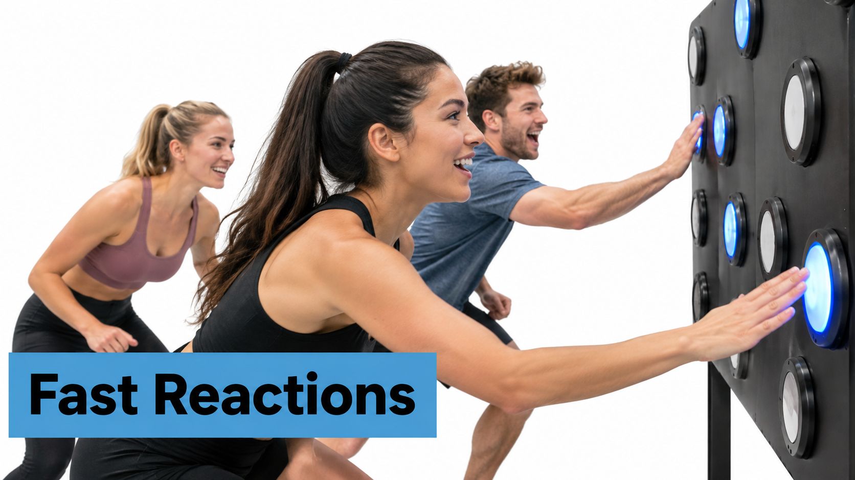 Three individuals joyfully participate in a fast-paced reaction training exercise with a glowing interactive wall board.