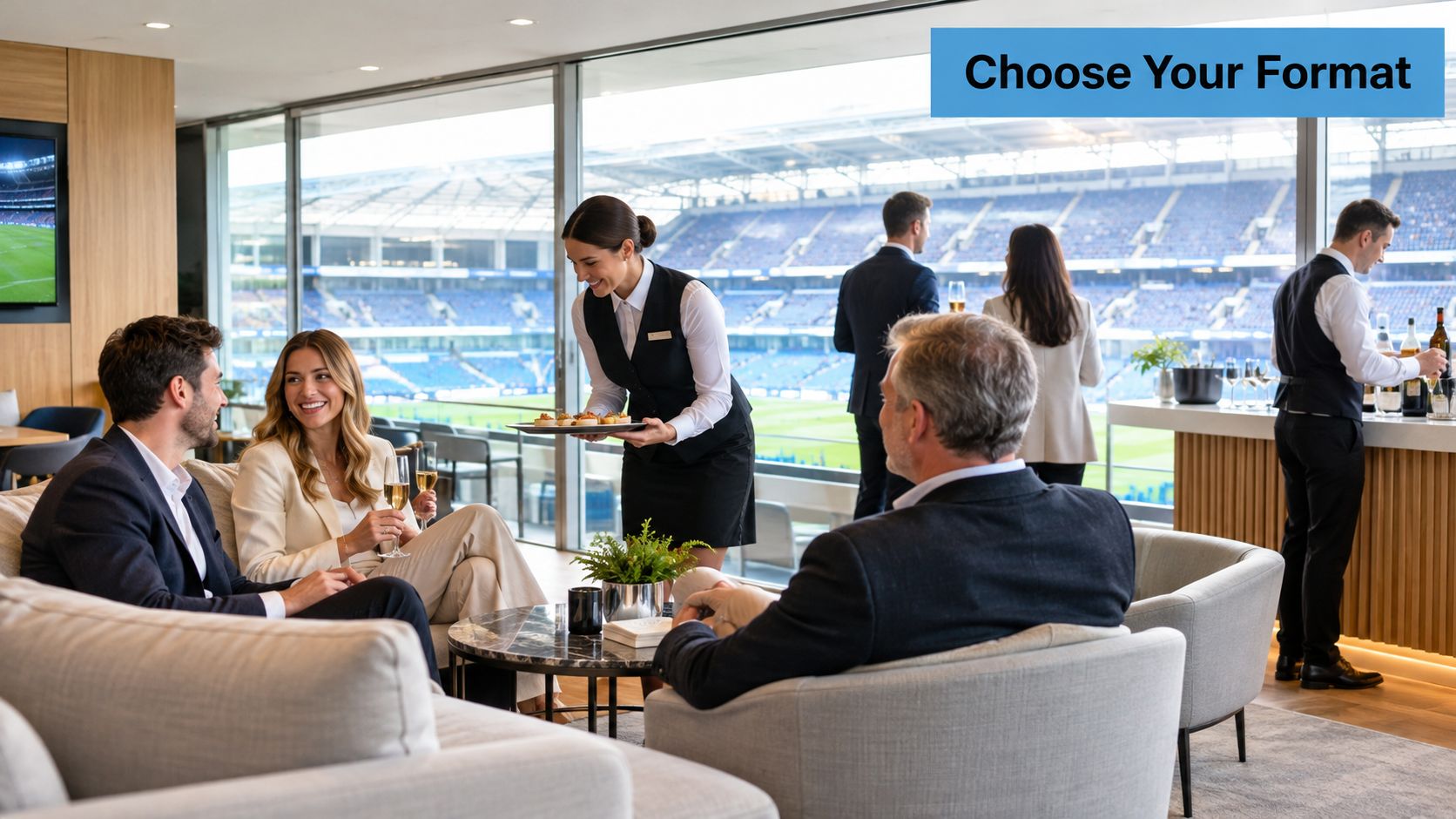Guests enjoying luxury hospitality and catering in a private stadium suite with a view of the pitch.