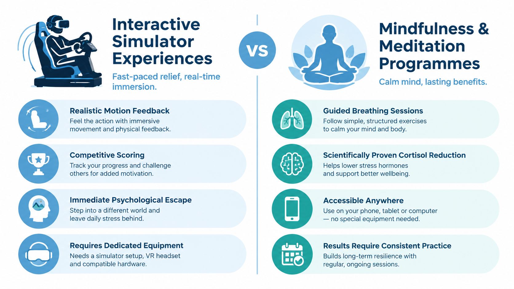 A comparison chart showing interactive simulator experiences versus mindfulness and meditation programs for stress relief.