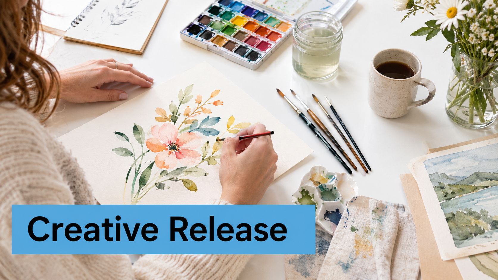 A woman sits at a white table painting a floral watercolor illustration for stress relief and relaxation.