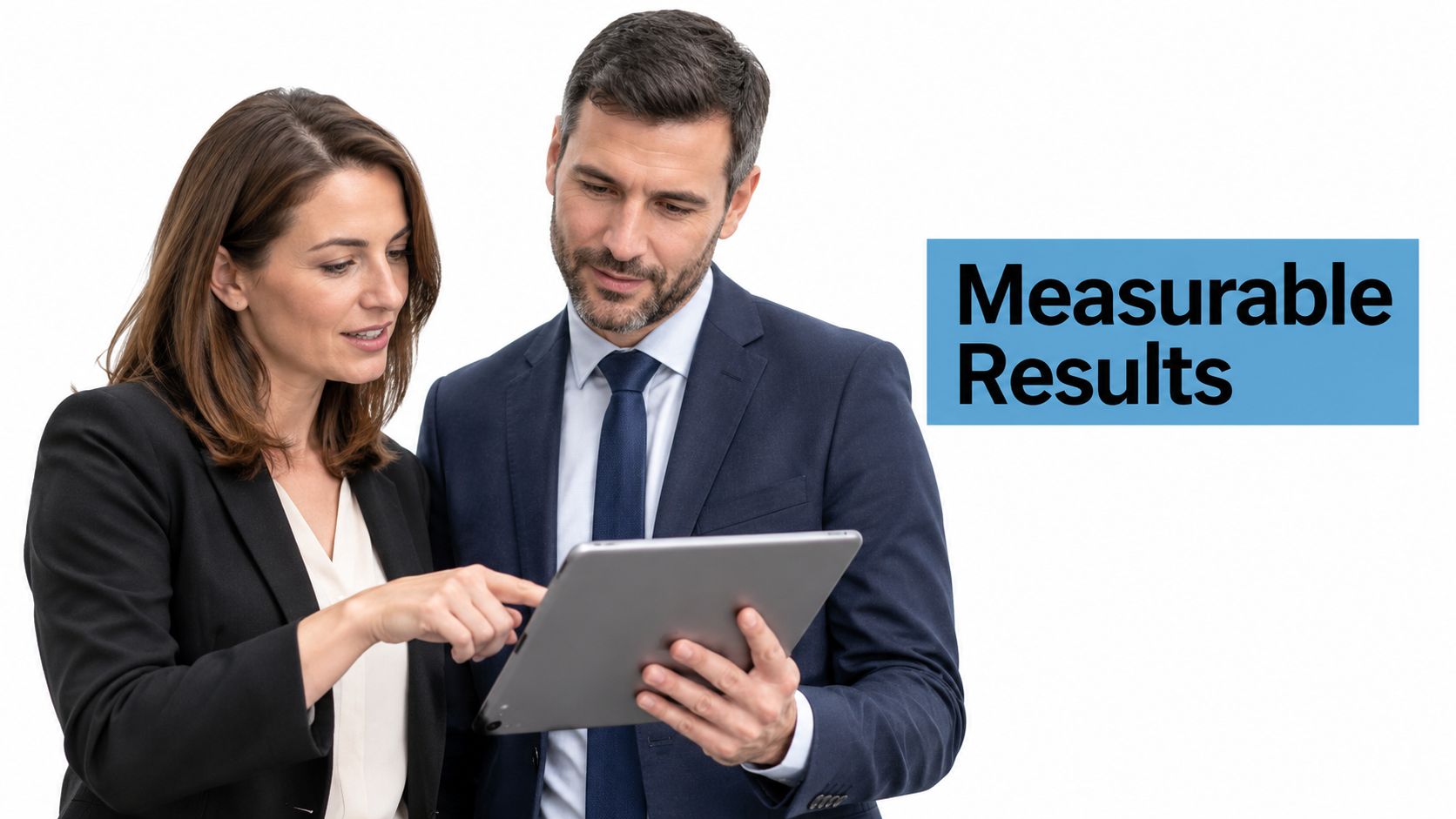 A professional man and woman in business attire looking at a tablet together to discuss business data.